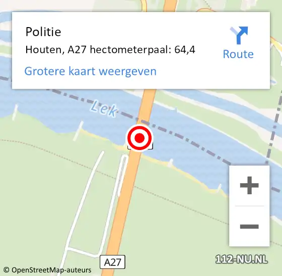 Locatie op kaart van de 112 melding: Politie Houten, A27 hectometerpaal: 64,4 op 30 april 2023 12:44