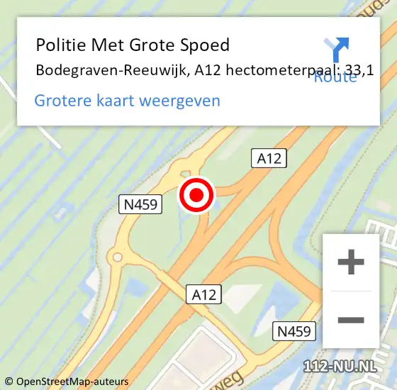 Locatie op kaart van de 112 melding: Politie Met Grote Spoed Naar Bodegraven-Reeuwijk, A12 hectometerpaal: 33,1 op 30 april 2023 15:39