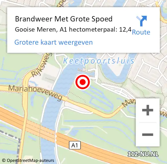 Locatie op kaart van de 112 melding: Brandweer Met Grote Spoed Naar Gooise Meren, A1 hectometerpaal: 12,4 op 30 april 2023 17:46