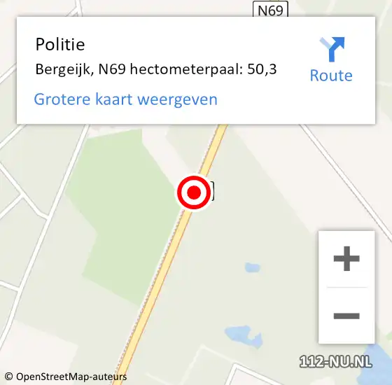 Locatie op kaart van de 112 melding: Politie Bergeijk, N69 hectometerpaal: 50,3 op 30 april 2023 20:16