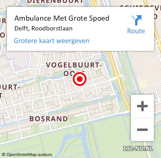 Locatie op kaart van de 112 melding: Ambulance Met Grote Spoed Naar Delft, Roodborstlaan op 30 april 2023 21:21