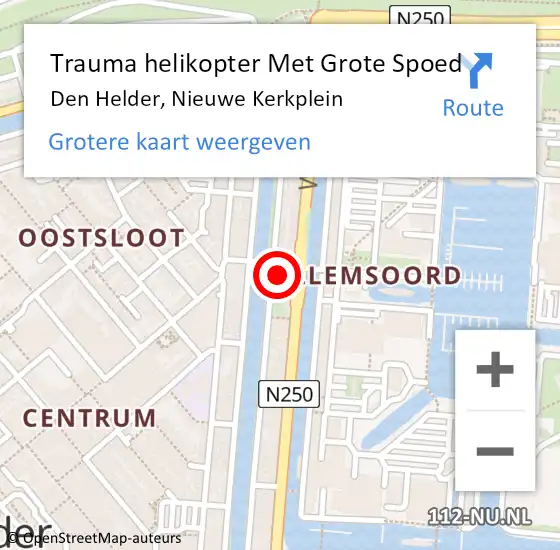 Locatie op kaart van de 112 melding: Trauma helikopter Met Grote Spoed Naar Den Helder, Nieuwe Kerkplein op 30 april 2023 21:44