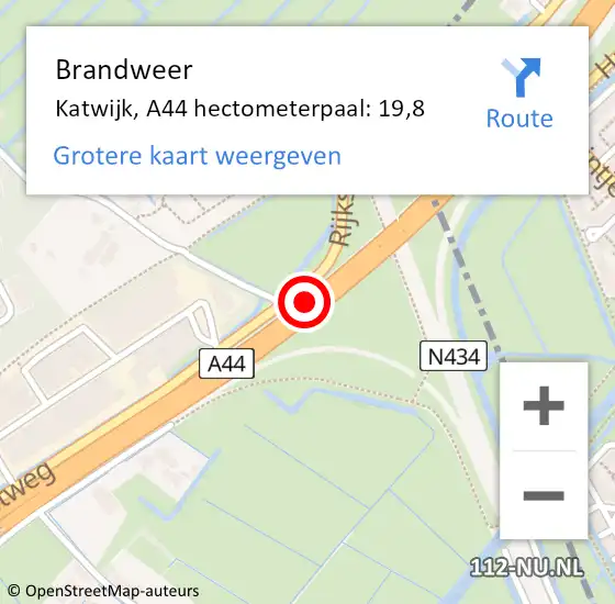 Locatie op kaart van de 112 melding: Brandweer Katwijk, A44 hectometerpaal: 19,8 op 30 april 2023 22:12