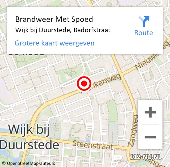 Locatie op kaart van de 112 melding: Brandweer Met Spoed Naar Wijk bij Duurstede, Badorfstraat op 30 april 2023 22:15