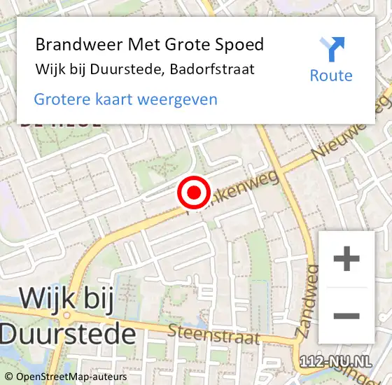 Locatie op kaart van de 112 melding: Brandweer Met Grote Spoed Naar Wijk bij Duurstede, Badorfstraat op 30 april 2023 22:34