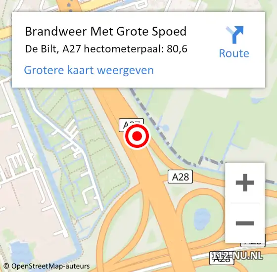 Locatie op kaart van de 112 melding: Brandweer Met Grote Spoed Naar De Bilt, A27 hectometerpaal: 80,6 op 30 april 2023 23:52