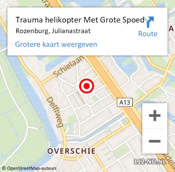 Locatie op kaart van de 112 melding: Trauma helikopter Met Grote Spoed Naar Rozenburg, Julianastraat op 1 mei 2023 05:47