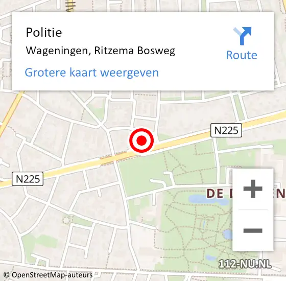 Locatie op kaart van de 112 melding: Politie Wageningen, Ritzema Bosweg op 1 mei 2023 08:25