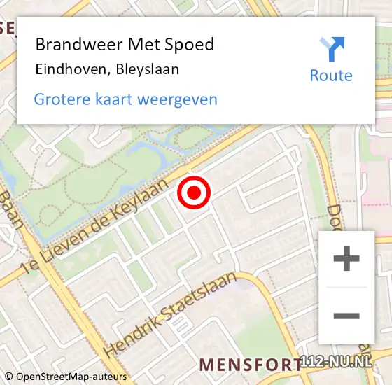Locatie op kaart van de 112 melding: Brandweer Met Spoed Naar Eindhoven, Bleyslaan op 1 mei 2023 08:54
