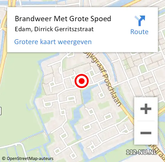 Locatie op kaart van de 112 melding: Brandweer Met Grote Spoed Naar Edam, Dirrick Gerritszstraat op 1 mei 2023 10:01