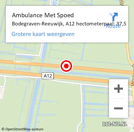 Locatie op kaart van de 112 melding: Ambulance Met Spoed Naar Bodegraven-Reeuwijk, A12 hectometerpaal: 37,5 op 1 mei 2023 11:57