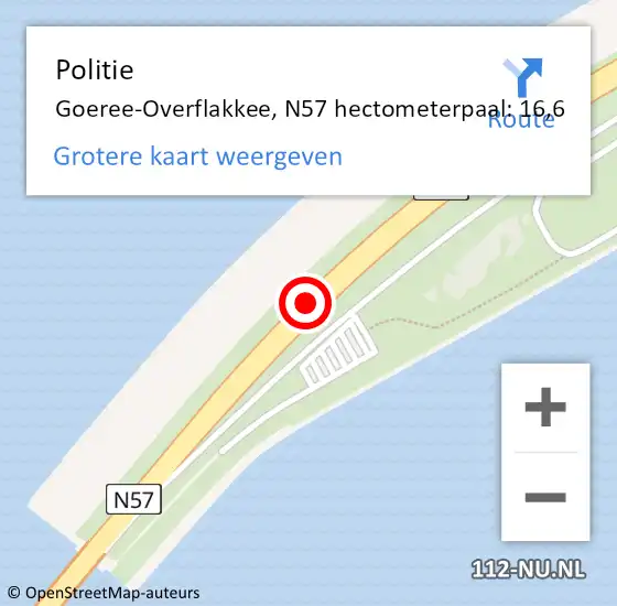 Locatie op kaart van de 112 melding: Politie Goeree-Overflakkee, N57 hectometerpaal: 16,6 op 1 mei 2023 12:21