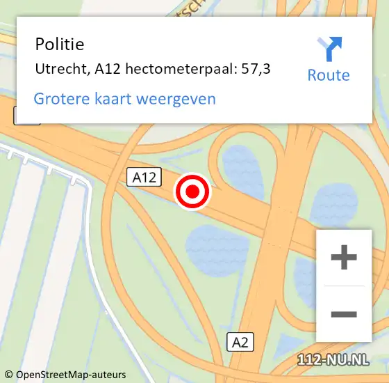 Locatie op kaart van de 112 melding: Politie Utrecht, A12 hectometerpaal: 57,3 op 1 mei 2023 12:47