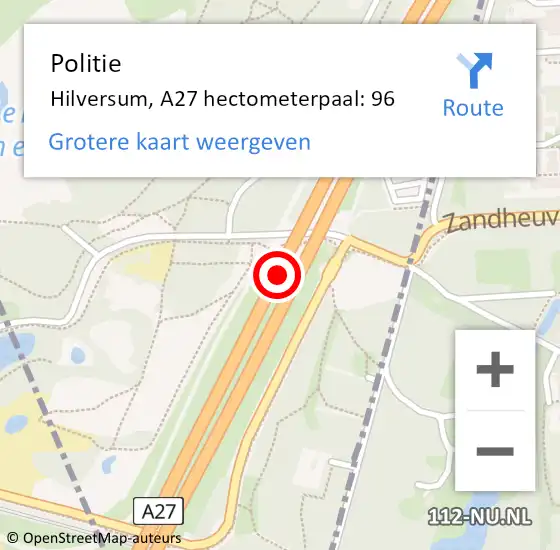 Locatie op kaart van de 112 melding: Politie Hilversum, A27 hectometerpaal: 96 op 1 mei 2023 16:46