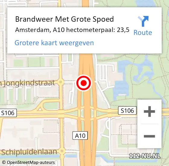 Locatie op kaart van de 112 melding: Brandweer Met Grote Spoed Naar Amsterdam, A10 hectometerpaal: 23,5 op 1 mei 2023 17:10