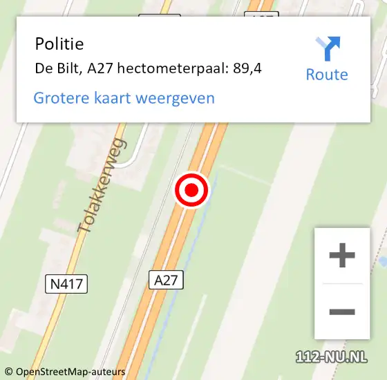 Locatie op kaart van de 112 melding: Politie De Bilt, A27 hectometerpaal: 89,4 op 1 mei 2023 17:35
