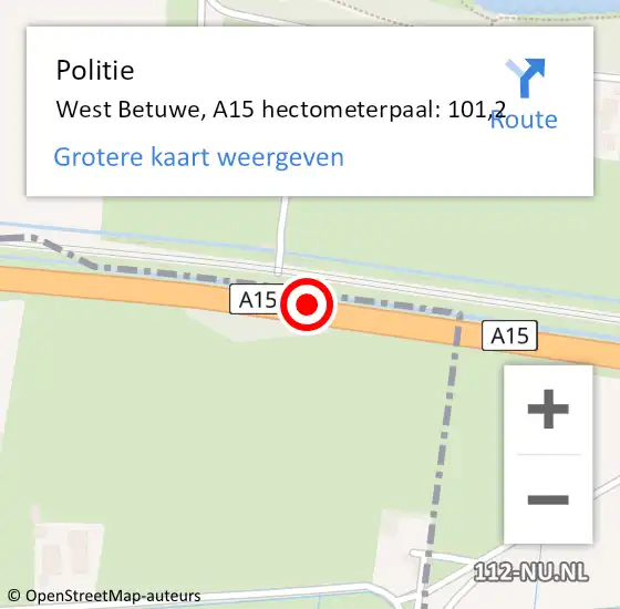 Locatie op kaart van de 112 melding: Politie West Betuwe, A15 hectometerpaal: 101,2 op 1 mei 2023 18:35