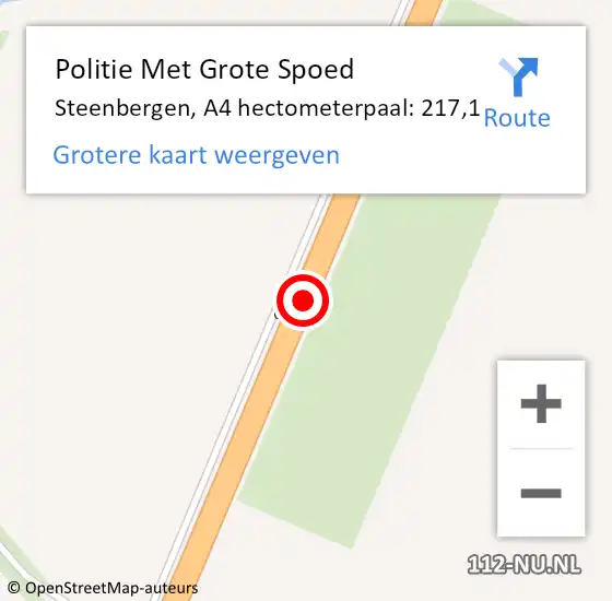 Locatie op kaart van de 112 melding: Politie Met Grote Spoed Naar Steenbergen, A4 hectometerpaal: 217,1 op 1 mei 2023 18:38