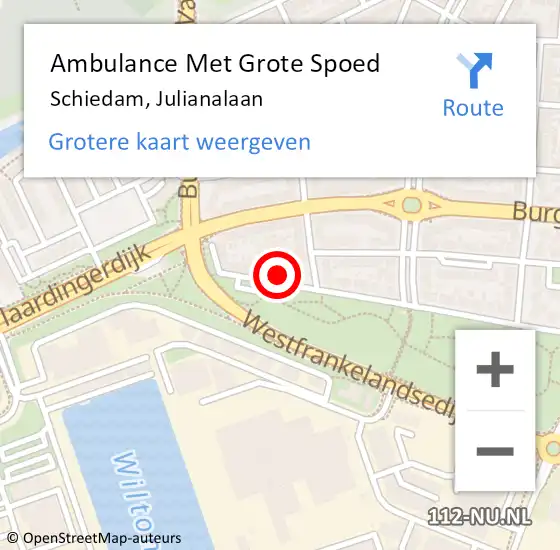 Locatie op kaart van de 112 melding: Ambulance Met Grote Spoed Naar Schiedam, Julianalaan op 1 mei 2023 19:59