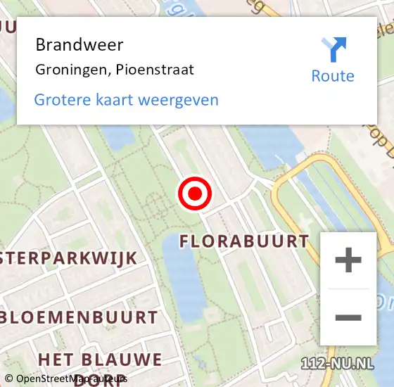 Locatie op kaart van de 112 melding: Brandweer Groningen, Pioenstraat op 1 mei 2023 20:09