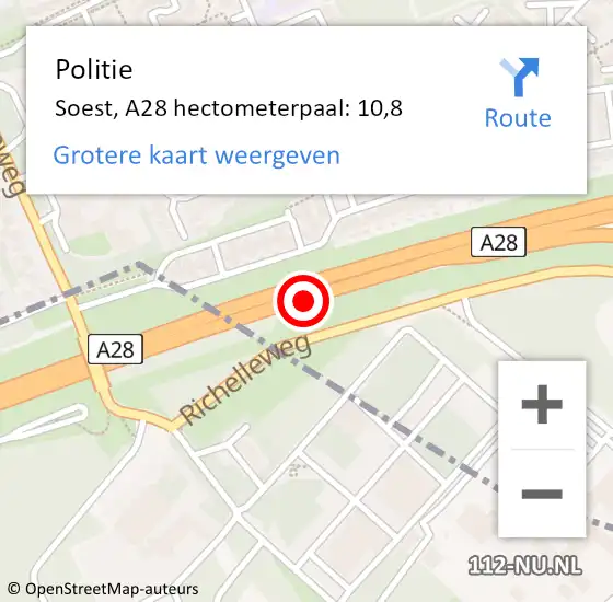 Locatie op kaart van de 112 melding: Politie Soest, A28 hectometerpaal: 10,8 op 1 mei 2023 20:53