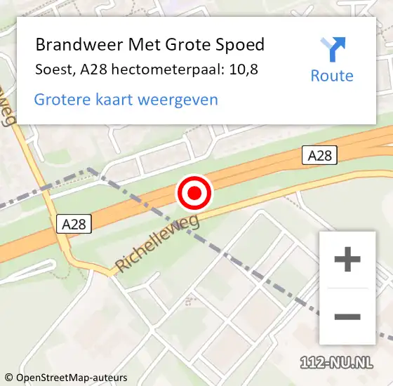 Locatie op kaart van de 112 melding: Brandweer Met Grote Spoed Naar Soest, A28 hectometerpaal: 10,8 op 1 mei 2023 20:53