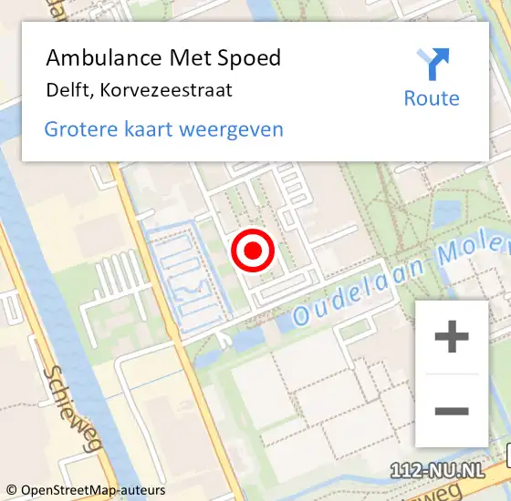 Locatie op kaart van de 112 melding: Ambulance Met Spoed Naar Delft, Korvezeestraat op 1 mei 2023 21:01