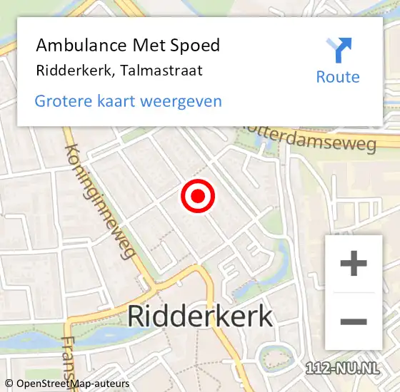 Locatie op kaart van de 112 melding: Ambulance Met Spoed Naar Ridderkerk, Talmastraat op 1 mei 2023 21:59