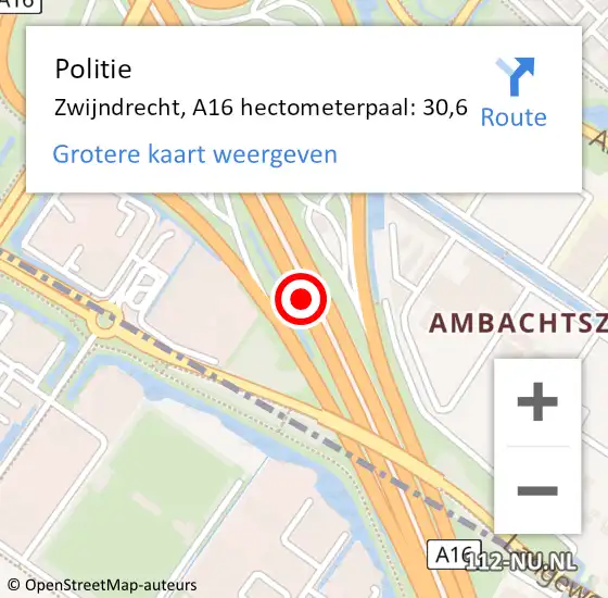 Locatie op kaart van de 112 melding: Politie Zwijndrecht, A16 hectometerpaal: 30,6 op 2 mei 2023 06:05