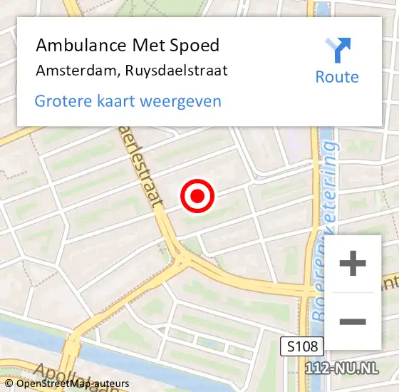 Locatie op kaart van de 112 melding: Ambulance Met Spoed Naar Amsterdam, Ruysdaelstraat op 2 mei 2023 11:23