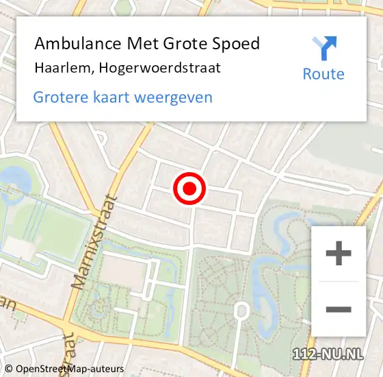 Locatie op kaart van de 112 melding: Ambulance Met Grote Spoed Naar Haarlem, Hogerwoerdstraat op 2 mei 2023 12:53