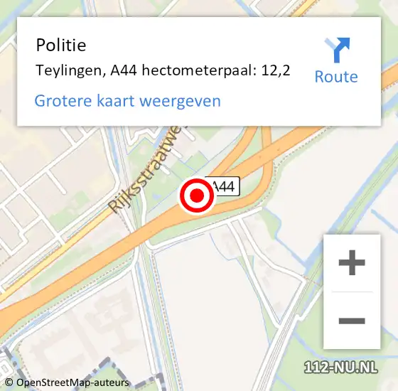 Locatie op kaart van de 112 melding: Politie Teylingen, A44 hectometerpaal: 12,2 op 2 mei 2023 14:35