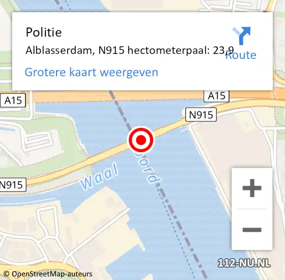 Locatie op kaart van de 112 melding: Politie Alblasserdam, N915 hectometerpaal: 23,9 op 2 mei 2023 16:06