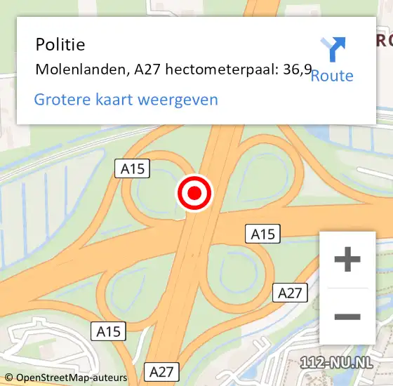 Locatie op kaart van de 112 melding: Politie Molenlanden, A27 hectometerpaal: 36,9 op 2 mei 2023 16:09