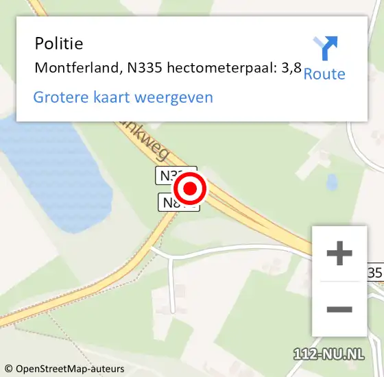 Locatie op kaart van de 112 melding: Politie Montferland, N335 hectometerpaal: 3,8 op 2 mei 2023 17:13