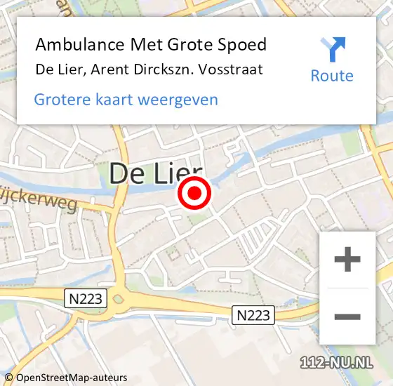 Locatie op kaart van de 112 melding: Ambulance Met Grote Spoed Naar De Lier, Arent Dirckszn. Vosstraat op 2 mei 2023 17:21