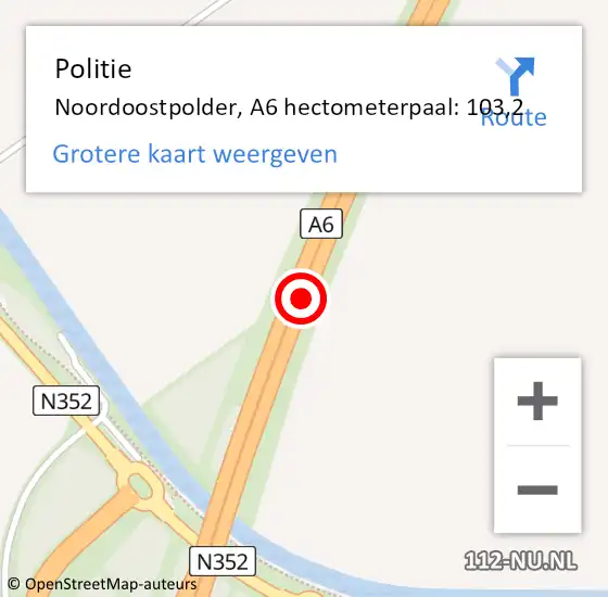 Locatie op kaart van de 112 melding: Politie Noordoostpolder, A6 hectometerpaal: 103,2 op 2 mei 2023 19:44