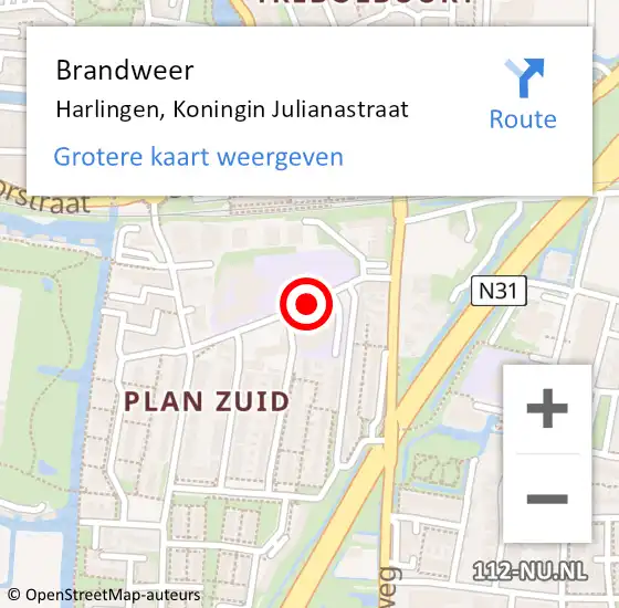 Locatie op kaart van de 112 melding: Brandweer Harlingen, Koningin Julianastraat op 12 oktober 2013 13:46