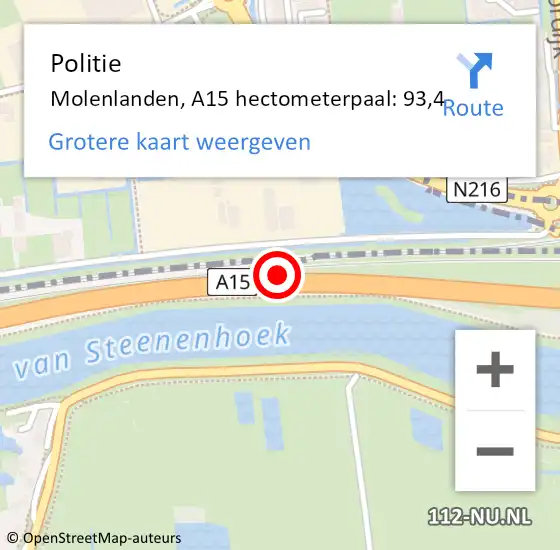 Locatie op kaart van de 112 melding: Politie Molenlanden, A15 hectometerpaal: 93,4 op 2 mei 2023 20:01