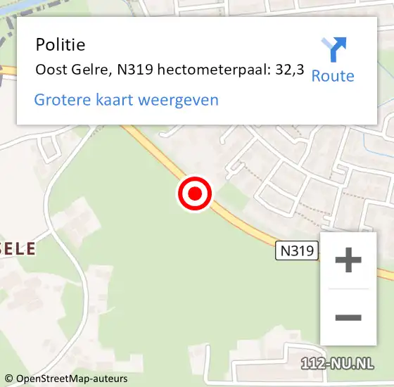 Locatie op kaart van de 112 melding: Politie Oost Gelre, N319 hectometerpaal: 32,3 op 2 mei 2023 21:58