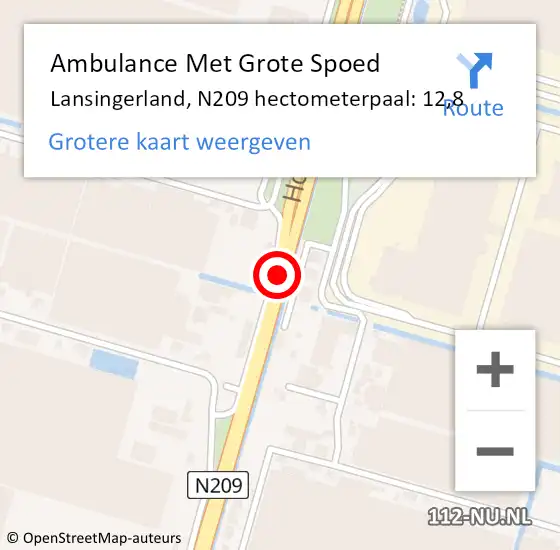 Locatie op kaart van de 112 melding: Ambulance Met Grote Spoed Naar Lansingerland, N209 hectometerpaal: 12,8 op 2 mei 2023 22:11