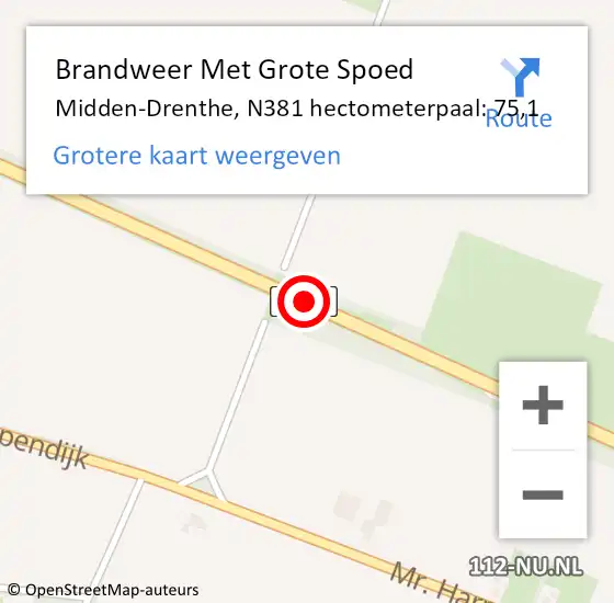 Locatie op kaart van de 112 melding: Brandweer Met Grote Spoed Naar Midden-Drenthe, N381 hectometerpaal: 75,1 op 3 mei 2023 00:19