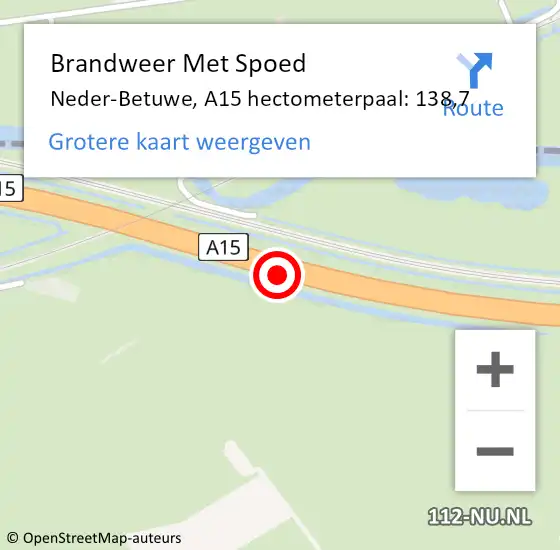 Locatie op kaart van de 112 melding: Brandweer Met Spoed Naar Neder-Betuwe, A15 hectometerpaal: 138,7 op 3 mei 2023 10:40