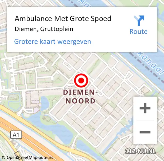 Locatie op kaart van de 112 melding: Ambulance Met Grote Spoed Naar Diemen, Gruttoplein op 3 mei 2023 14:11