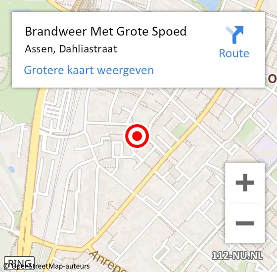 Locatie op kaart van de 112 melding: Brandweer Met Grote Spoed Naar Assen, Dahliastraat op 3 mei 2023 14:39