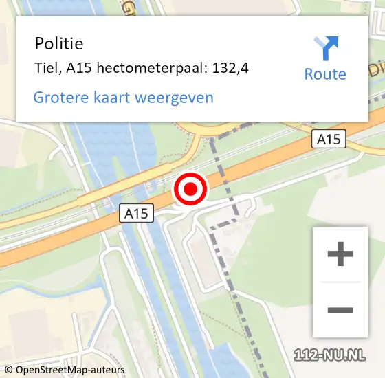 Locatie op kaart van de 112 melding: Politie Tiel, A15 hectometerpaal: 132,4 op 3 mei 2023 15:30