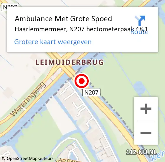 Locatie op kaart van de 112 melding: Ambulance Met Grote Spoed Naar Haarlemmermeer, N207 hectometerpaal: 48,1 op 3 mei 2023 15:37