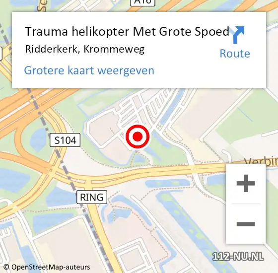 Locatie op kaart van de 112 melding: Trauma helikopter Met Grote Spoed Naar Ridderkerk, Krommeweg op 3 mei 2023 15:54