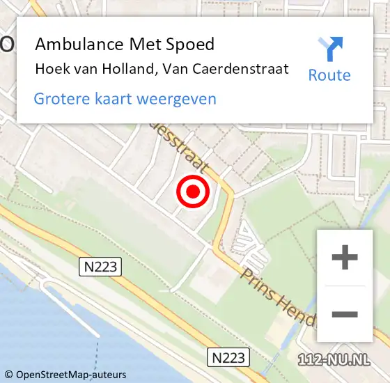 Locatie op kaart van de 112 melding: Ambulance Met Spoed Naar Hoek van Holland, Van Caerdenstraat op 3 mei 2023 16:39