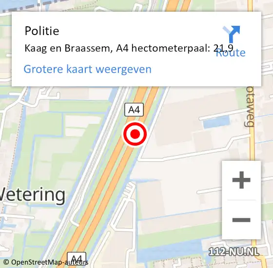 Locatie op kaart van de 112 melding: Politie Kaag en Braassem, A4 hectometerpaal: 21,9 op 3 mei 2023 17:30